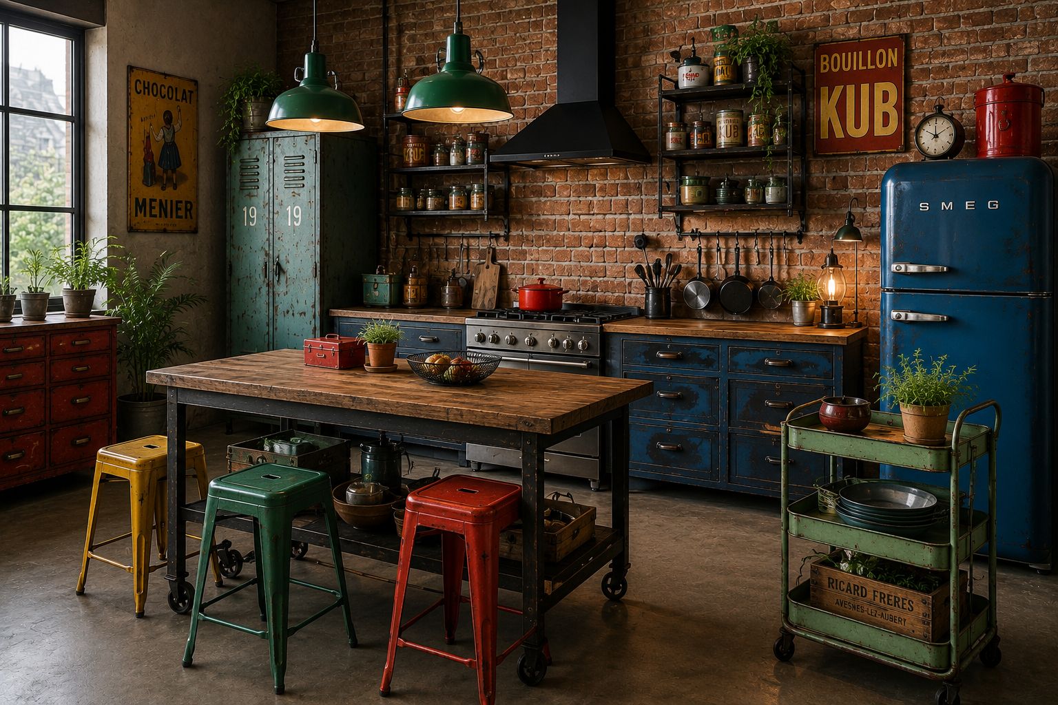 Salon vintage industriel avec canapé cuir et table basse bois métal