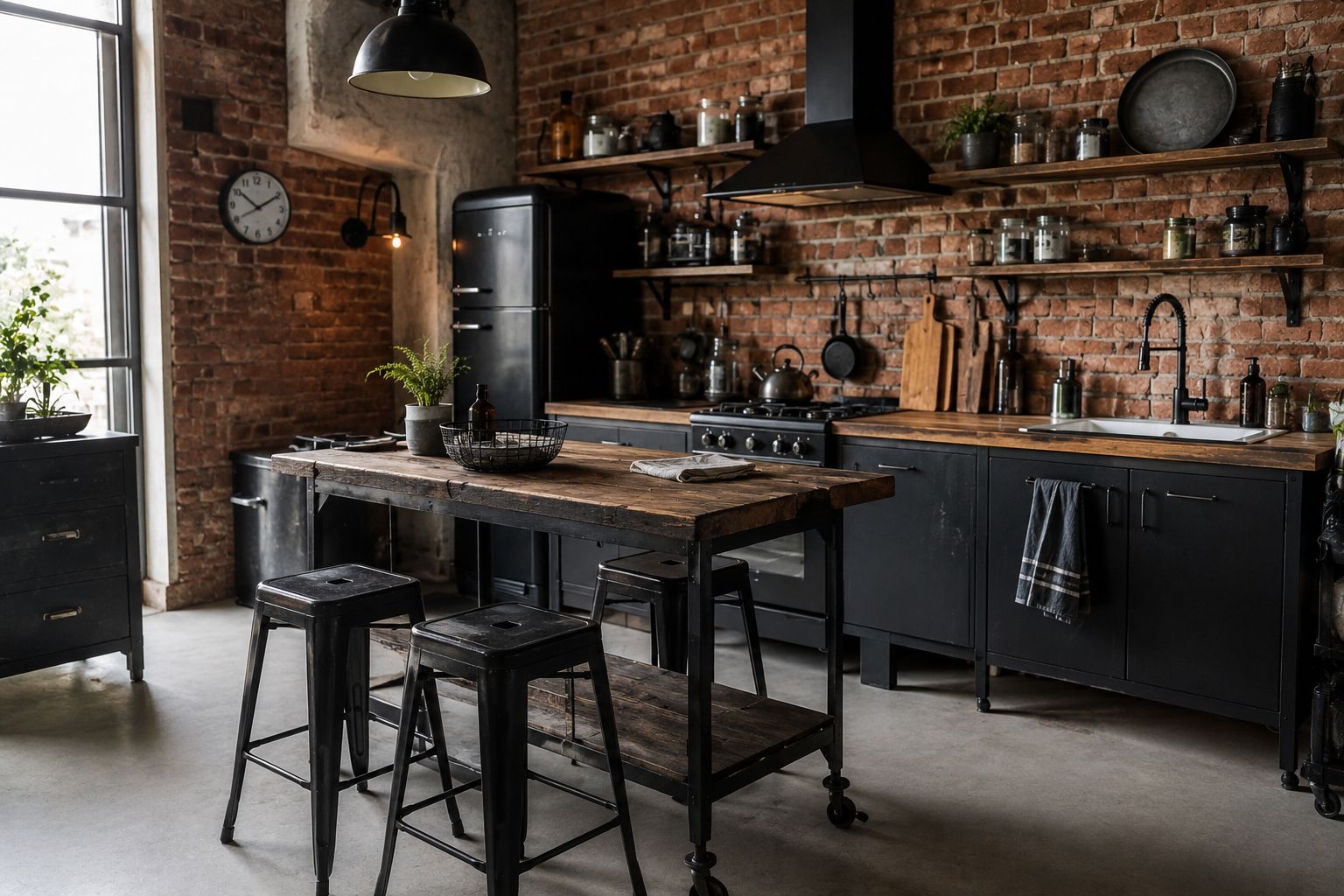 Cuisine vintage industrielle avec bois, métal noir et îlot central