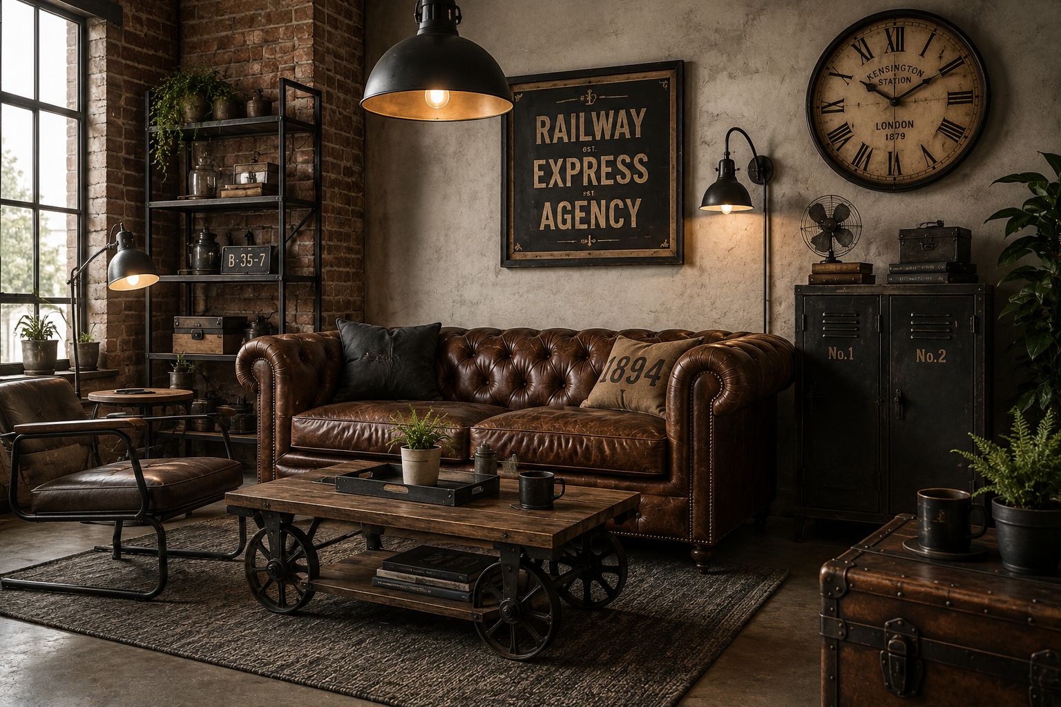 Salon vintage industriel avec canapé cuir et table basse bois métal
