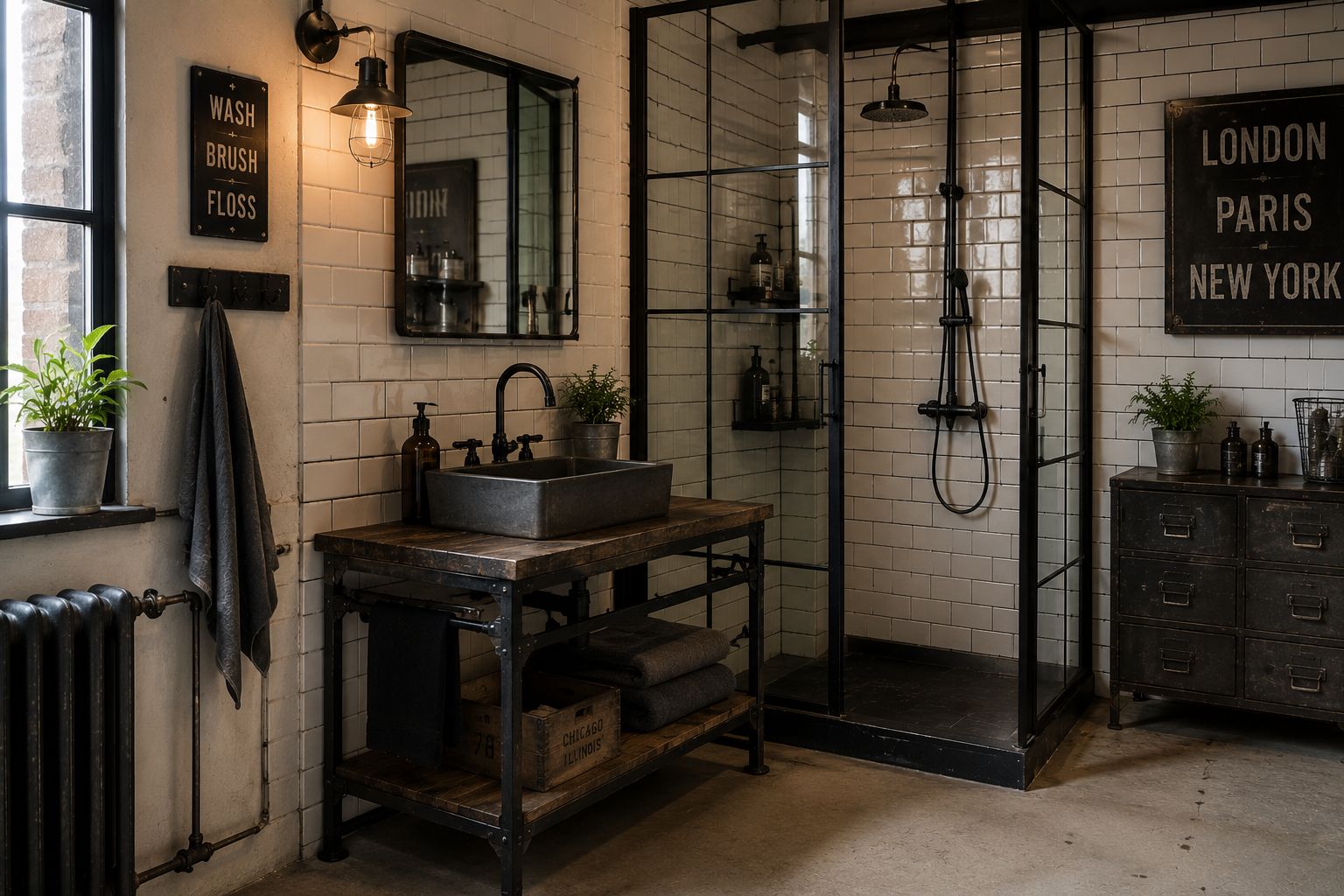 Cuisine vintage industrielle avec bois, métal noir et îlot central