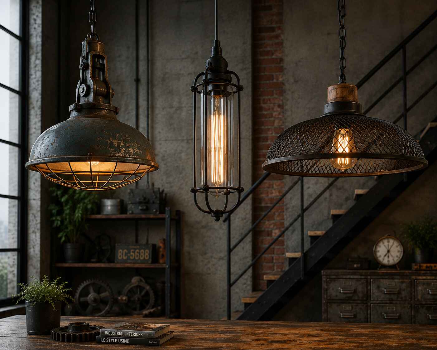 Bureau vintage industriel avec lampe atelier et mobilier bois métal