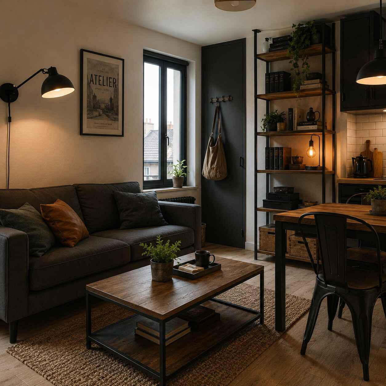 Petit salon industriel avec une pièce forte en bois et métal