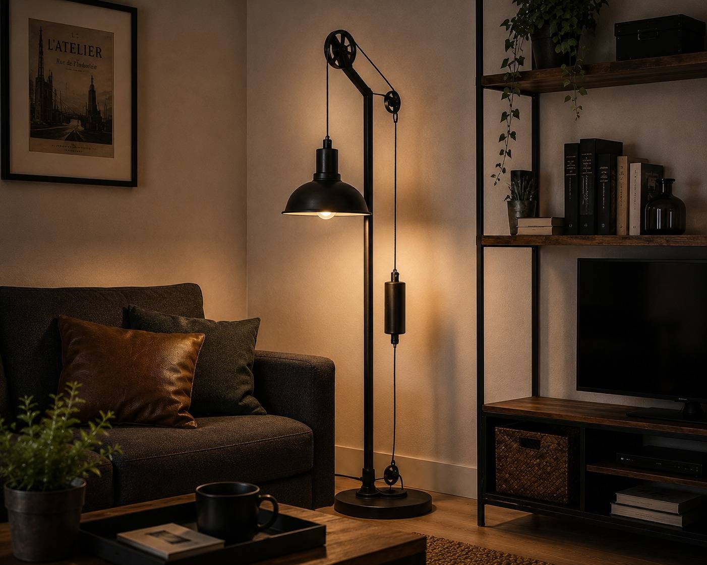 Salon industriel avec lampadaire et canapé cuir
