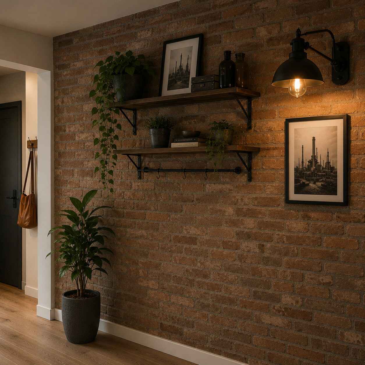 Mur industriel avec applique, étagère et plantes